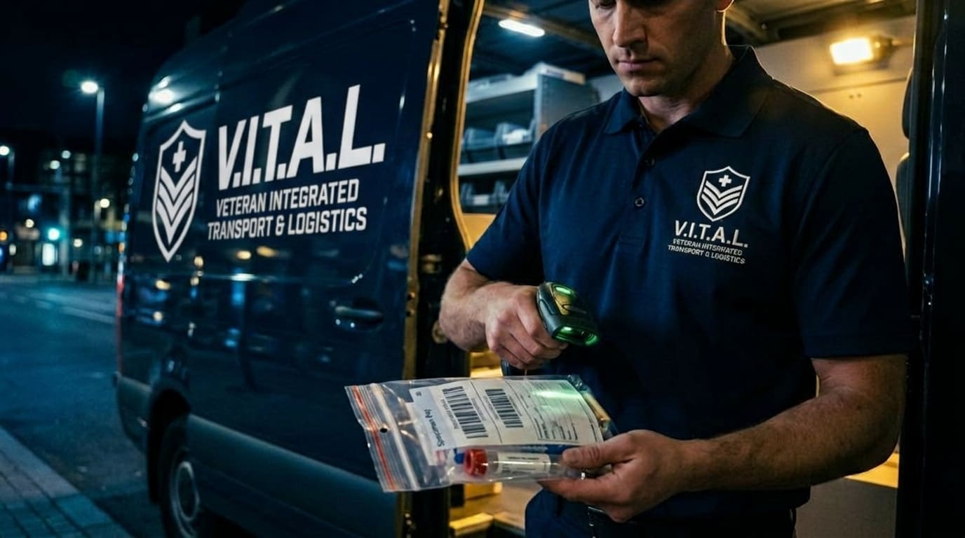 V.I.T.A.L. courier completing a verified after-hours handoff with signed documentation