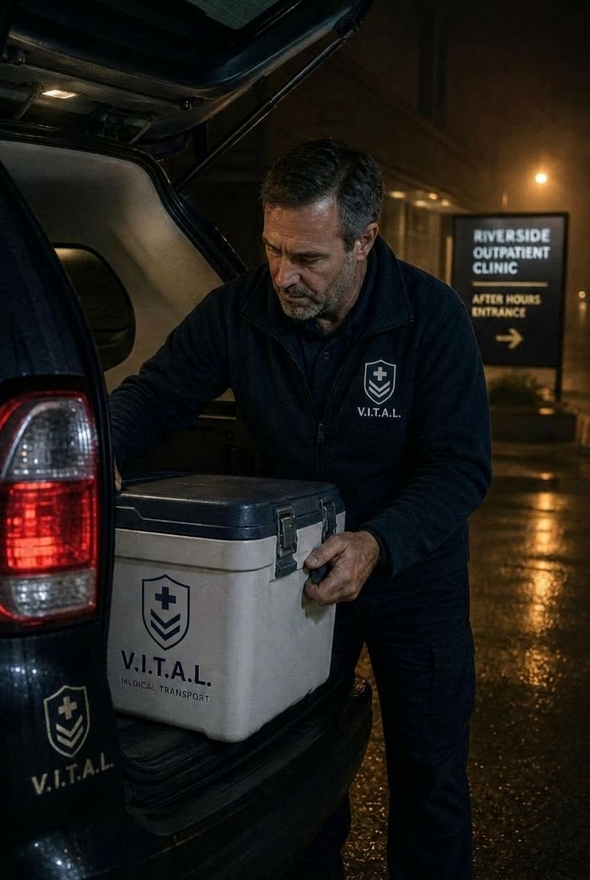 V.I.T.A.L. courier loading a sealed insulated medical cooler into a vehicle outside an after-hours clinic entrance at night