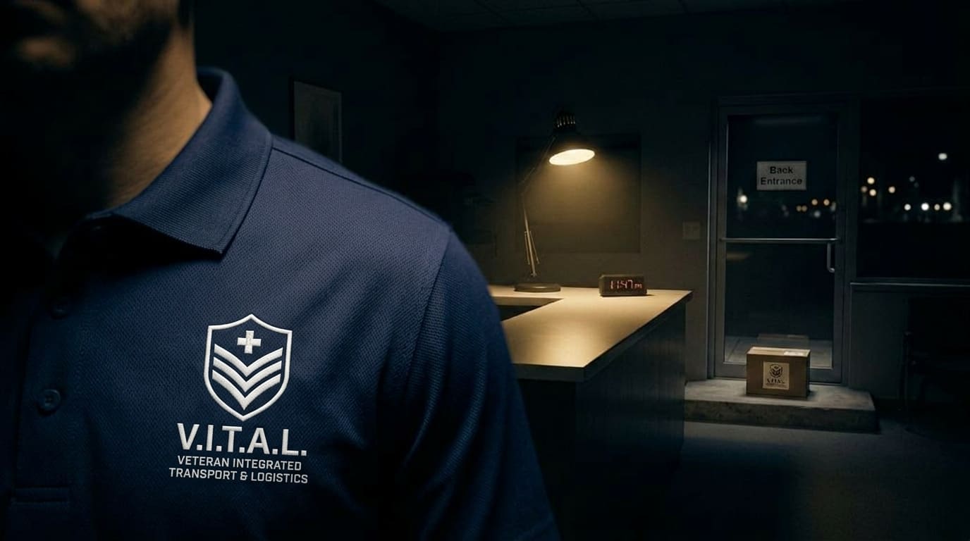 V.I.T.A.L. courier in navy polo loading a branded van for an after-hours medical delivery