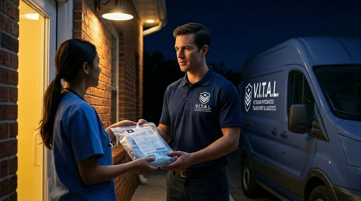 V.I.T.A.L. branded SUV with gold logo decal on a night route for medical delivery