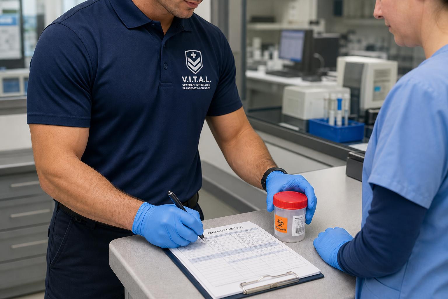Lab tech signing a chain-of-custody clipboard at a receiving counter
