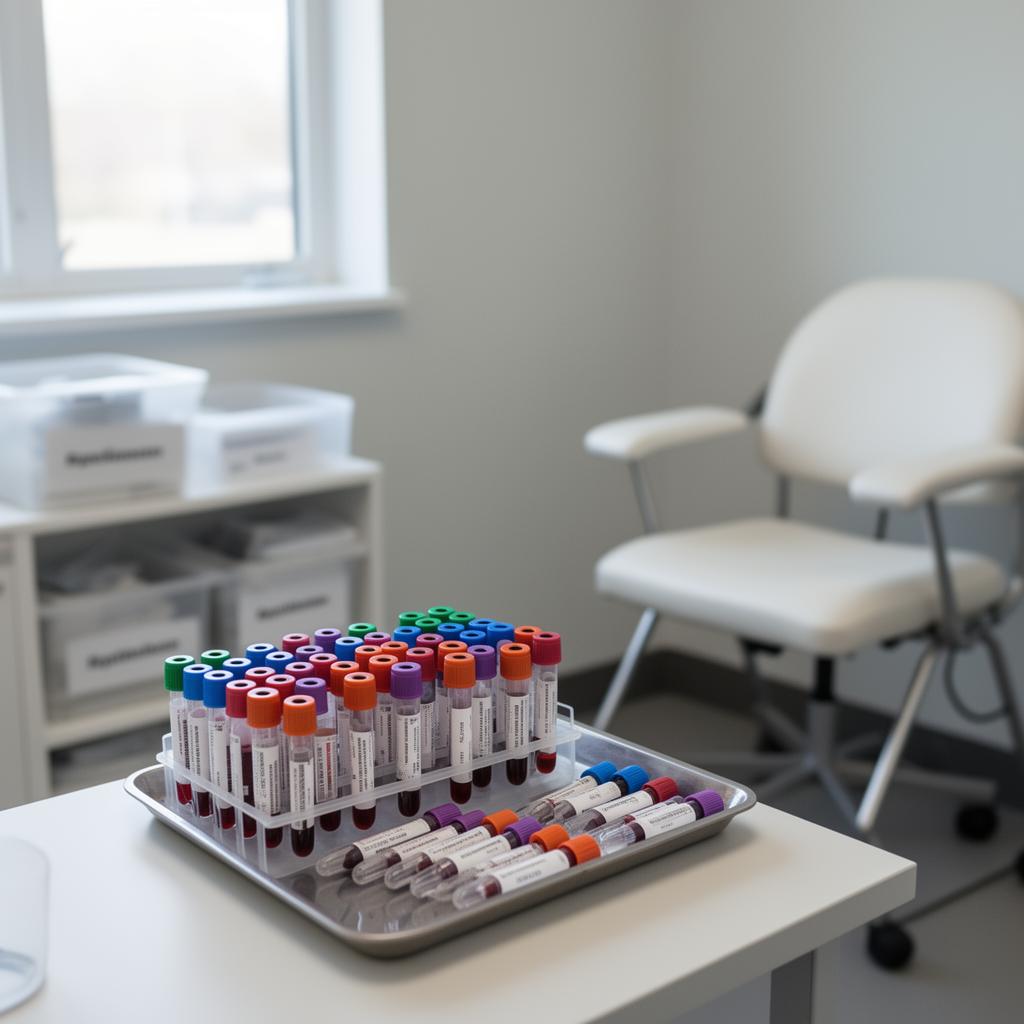 Clinic phlebotomy room with a tray of prepared collection tubes