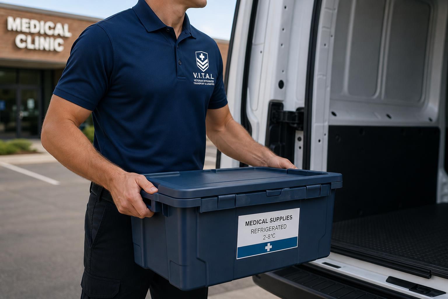 Medical courier loading a labeled insulated medical tote into a cargo van