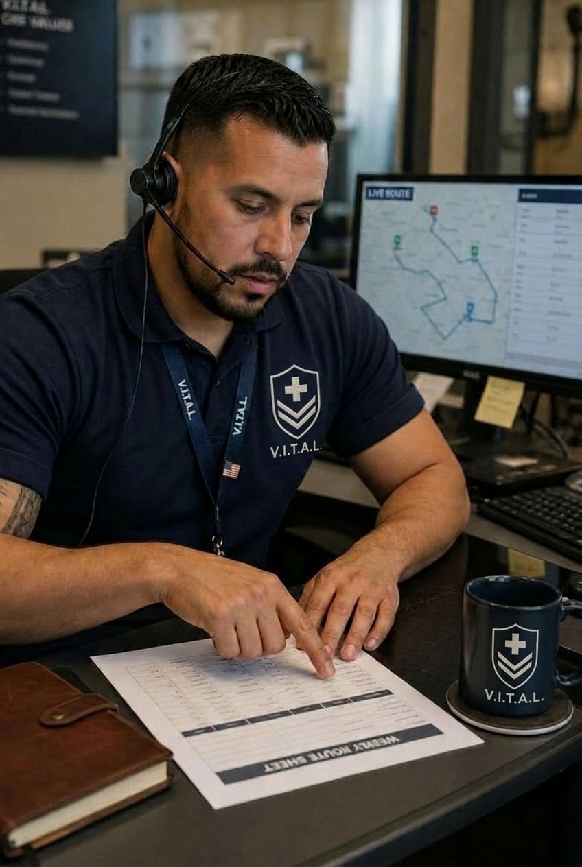 V.I.T.A.L. dispatcher in navy polo reviewing a weekly route sheet at a desk with a live route map on the second screen