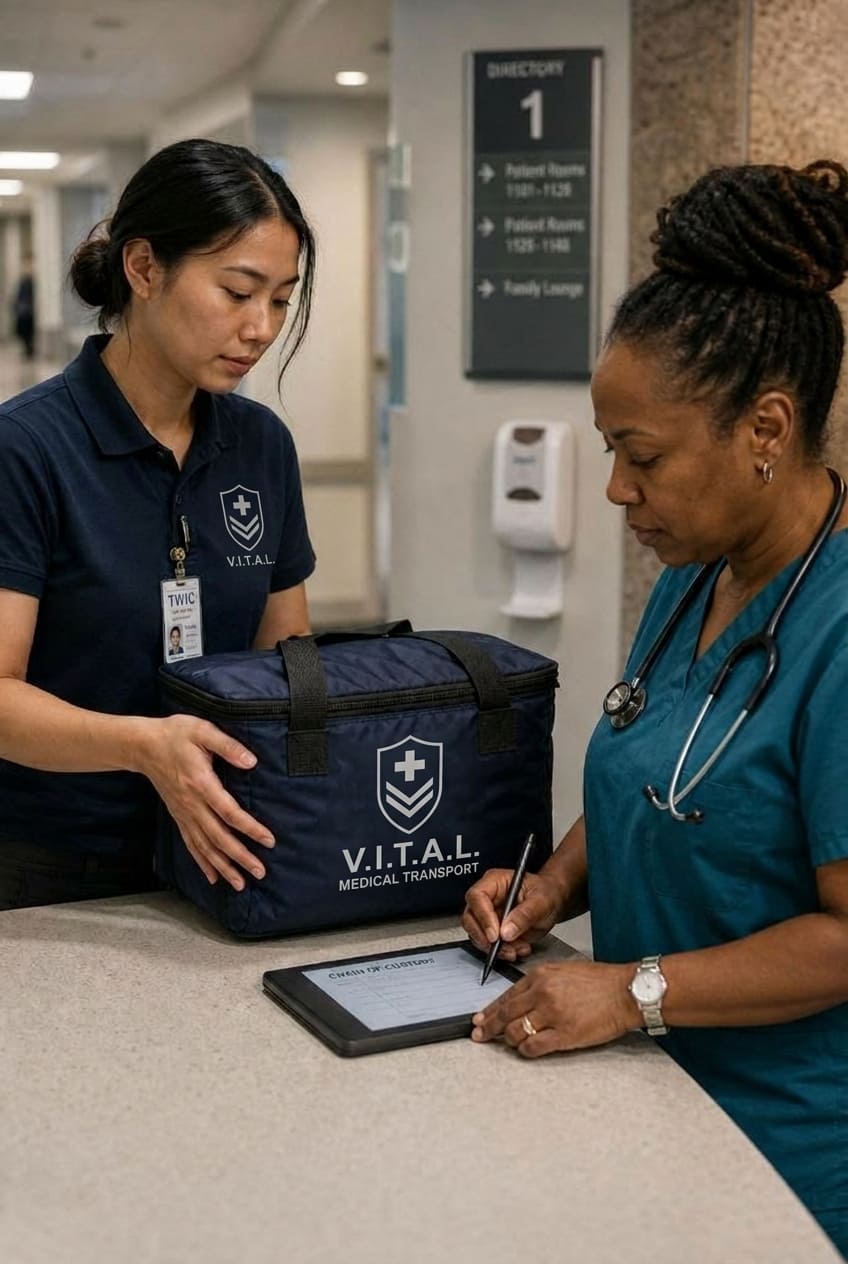 V.I.T.A.L. courier handing a sealed medical transport bag to a hospital nurse while both confirm a chain-of-custody signature
