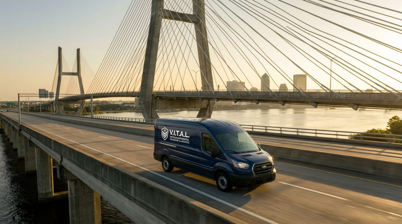 V.I.T.A.L. medical courier van crossing a Jacksonville bridge at golden hour