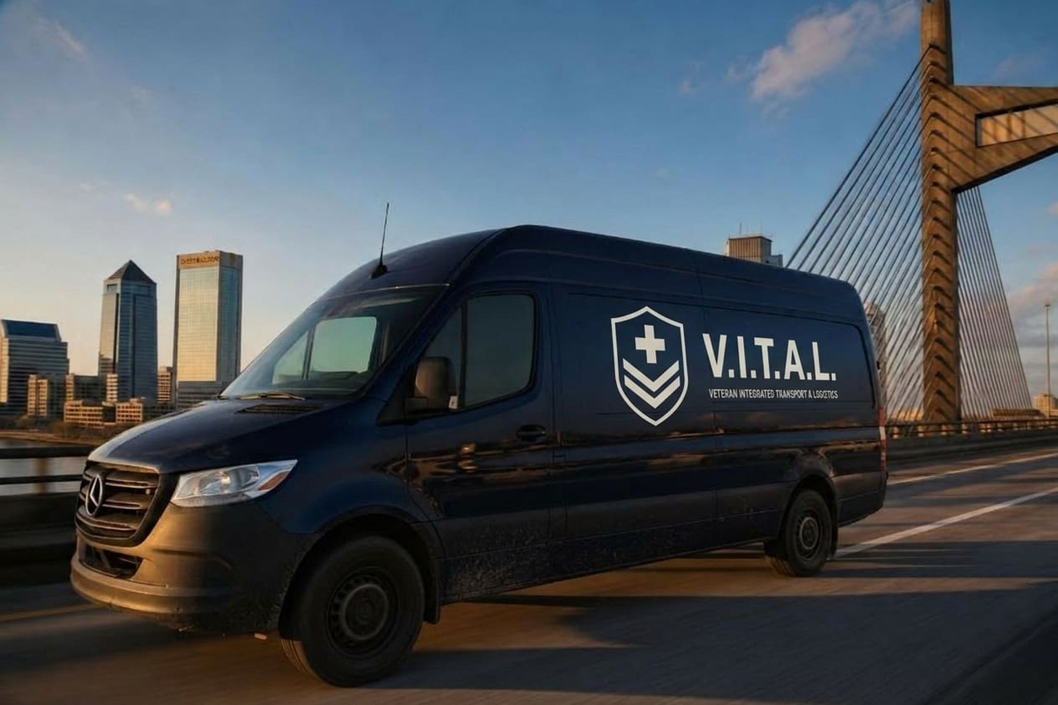 V.I.T.A.L. medical courier van crossing a Jacksonville bridge at golden hour