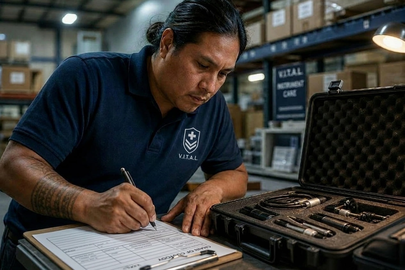 V.I.T.A.L. courier in navy polo securing medical equipment for safe compliant transport