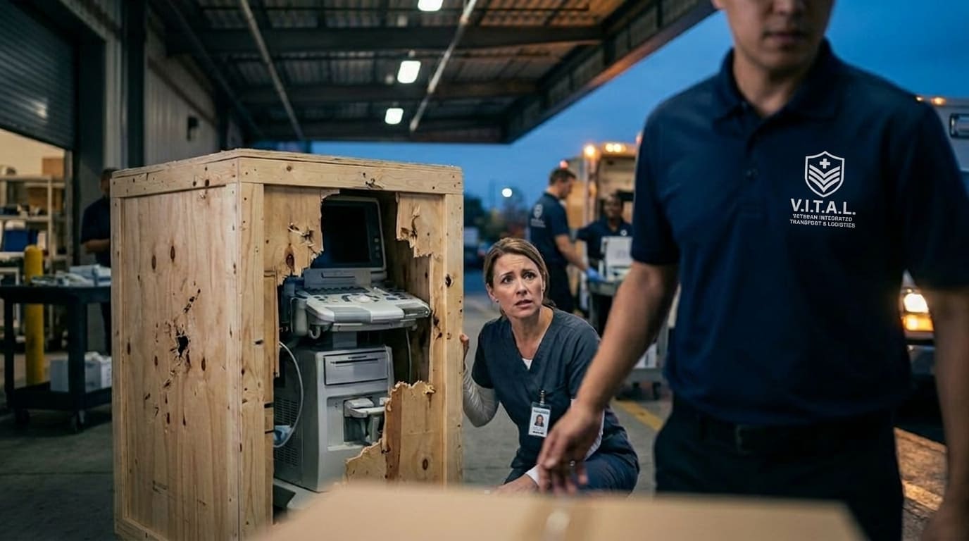 V.I.T.A.L. courier in navy polo carefully securing healthcare equipment in a branded van