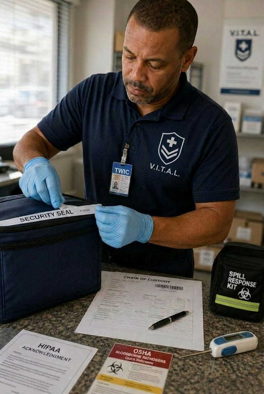 V.I.T.A.L. medical courier in navy polo sealing a temperature-controlled transport tote alongside HIPAA, OSHA, and chain-of-custody documentation
