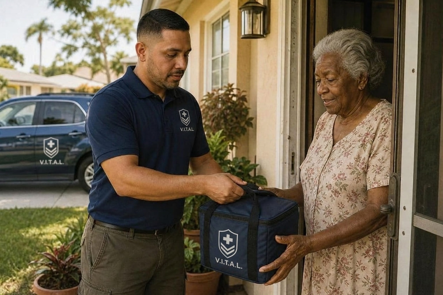 V.I.T.A.L. branded van with gold logo decal on a home health support delivery route