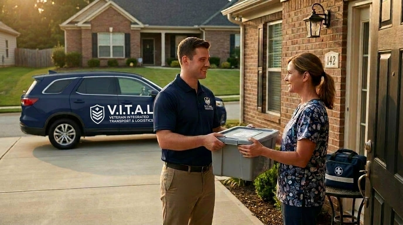 V.I.T.A.L. courier in navy polo coordinating healthcare delivery support at a care facility