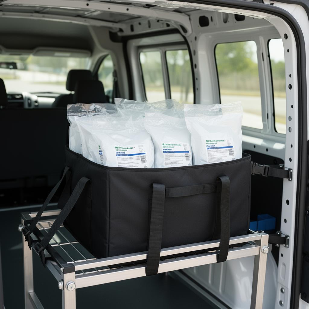Sealed pharmacy bags secured in a rack inside a clean cargo van