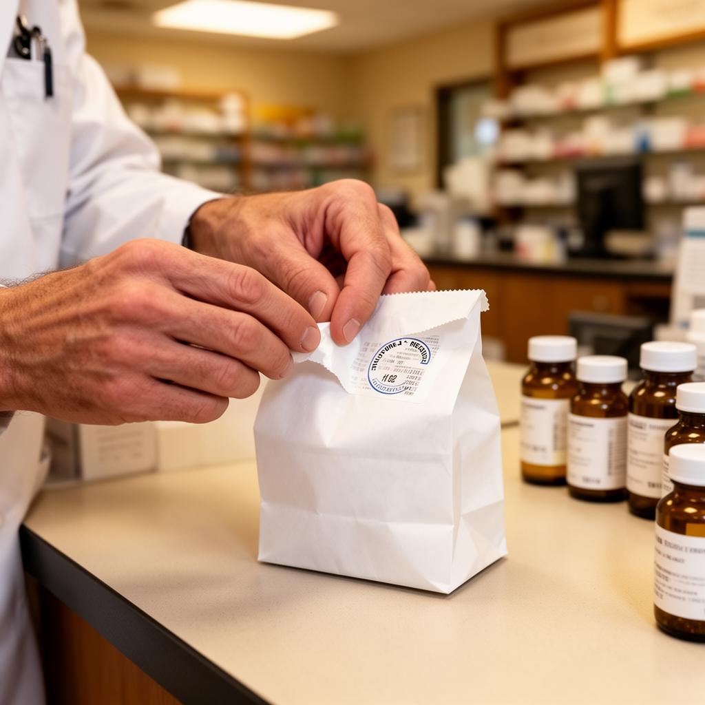 Pharmacist sealing a prescription bag on a pharmacy counter