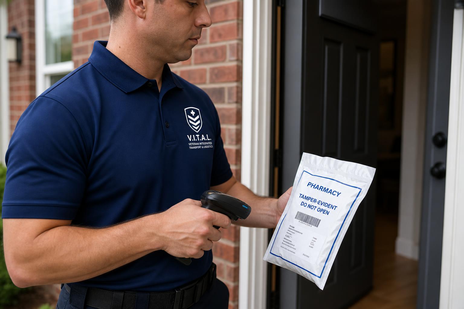 V.I.T.A.L. courier in navy polo delivering pharmacy materials to a healthcare partner facility