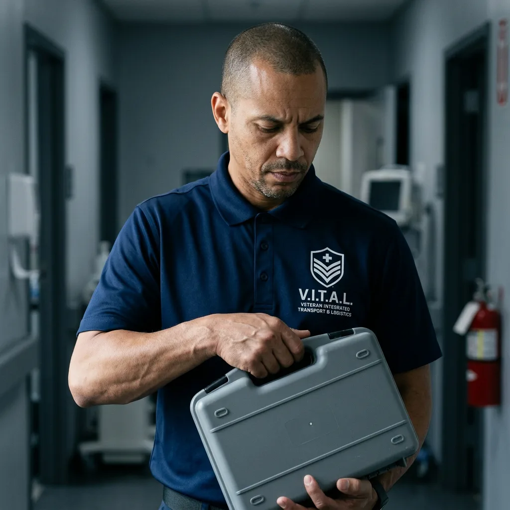 Medical courier carrying a sealed transport case