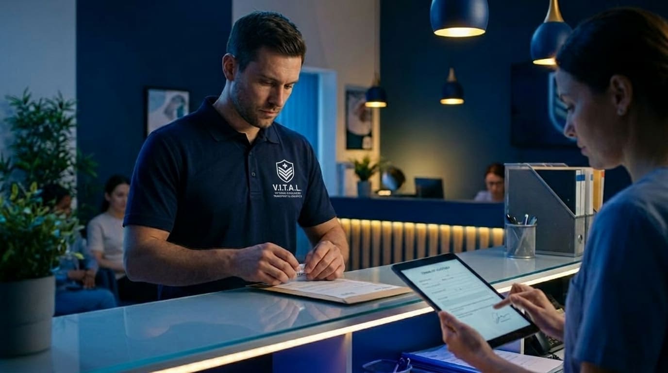 V.I.T.A.L. courier delivering a sealed medical records envelope with signed receipt