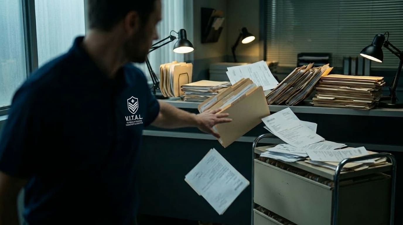 V.I.T.A.L. courier in navy polo with a sealed medical records envelope at a clinic counter