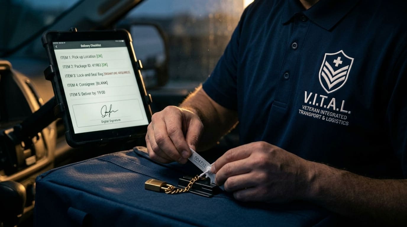 V.I.T.A.L. branded vehicle with gold logo decal for secure medical document transport