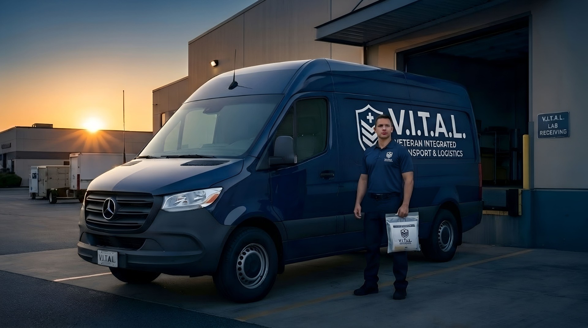 V.I.T.A.L. courier completing a scheduled-route handoff at a healthcare facility