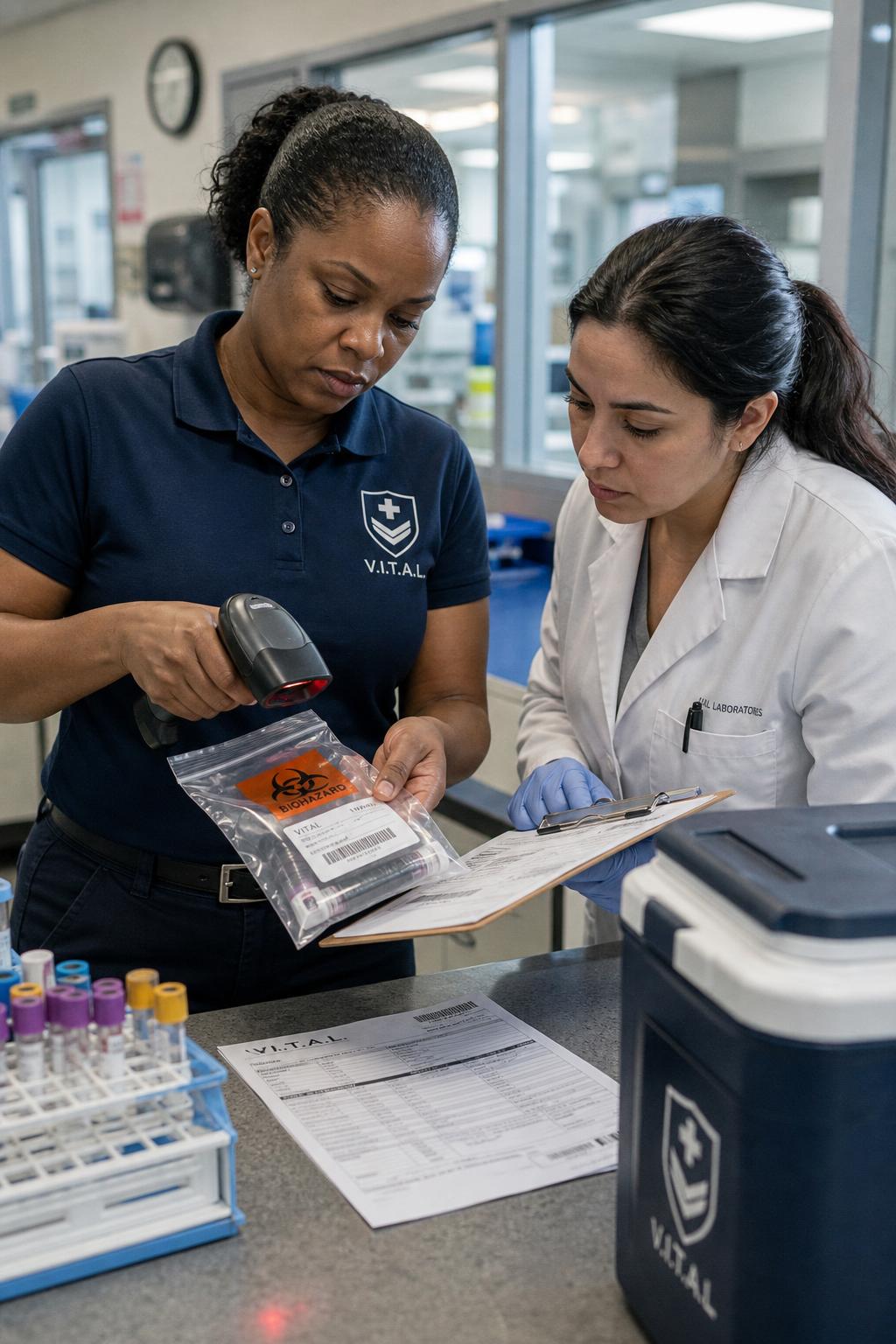 V.I.T.A.L. courier scanning a sealed specimen bag at a lab intake counter with the receiving lab tech