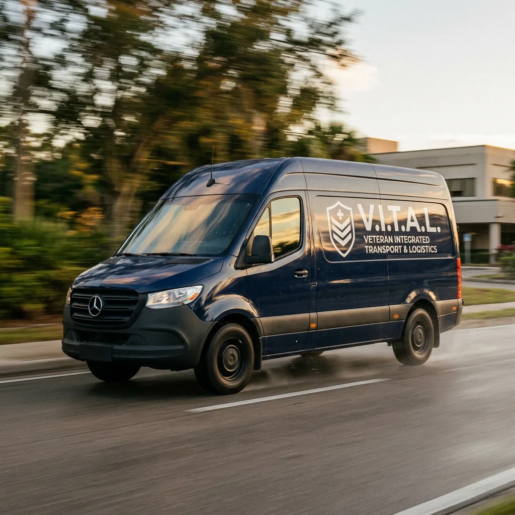 Medical transport vehicle in motion at dusk