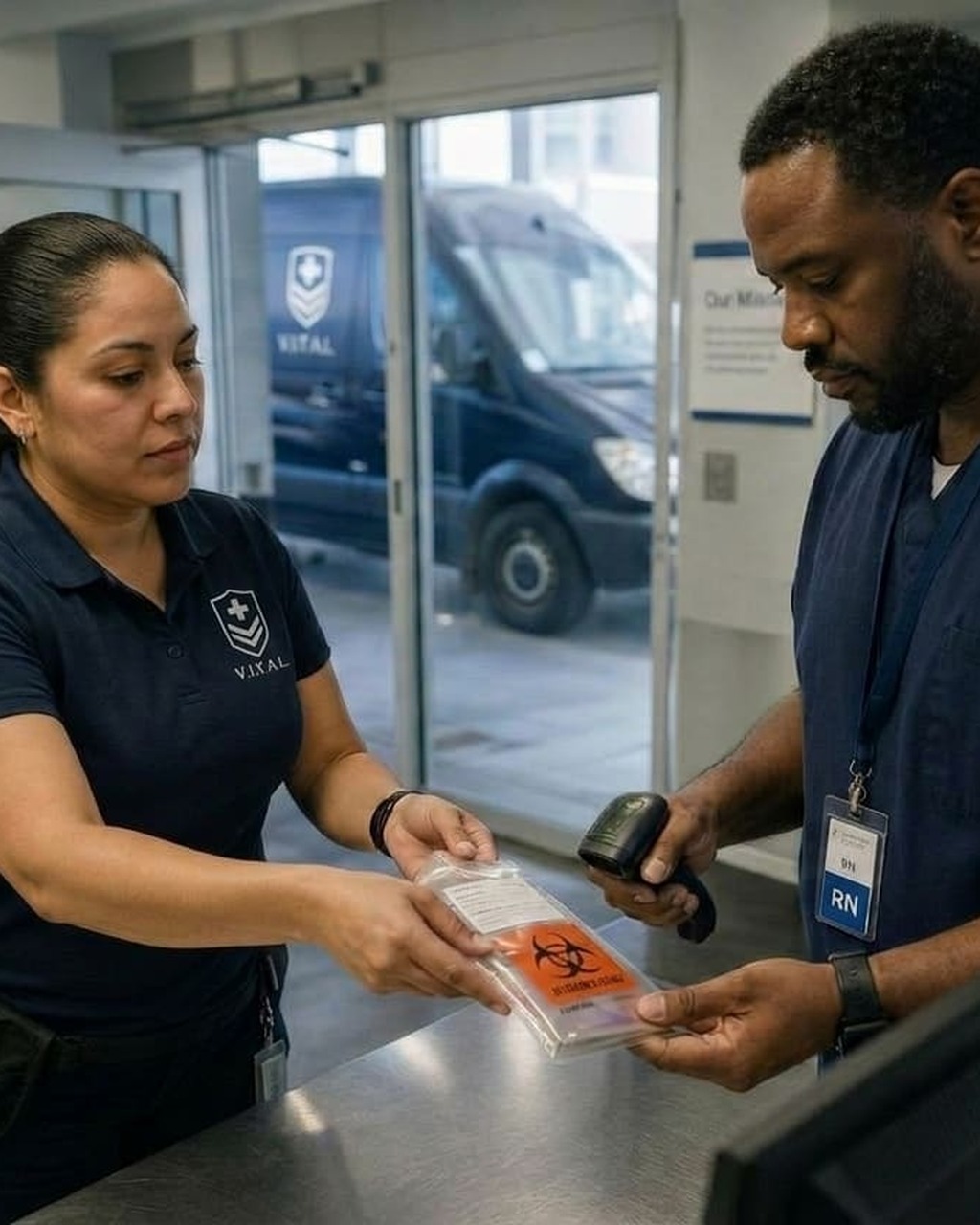 Medical courier handoff with healthcare professional