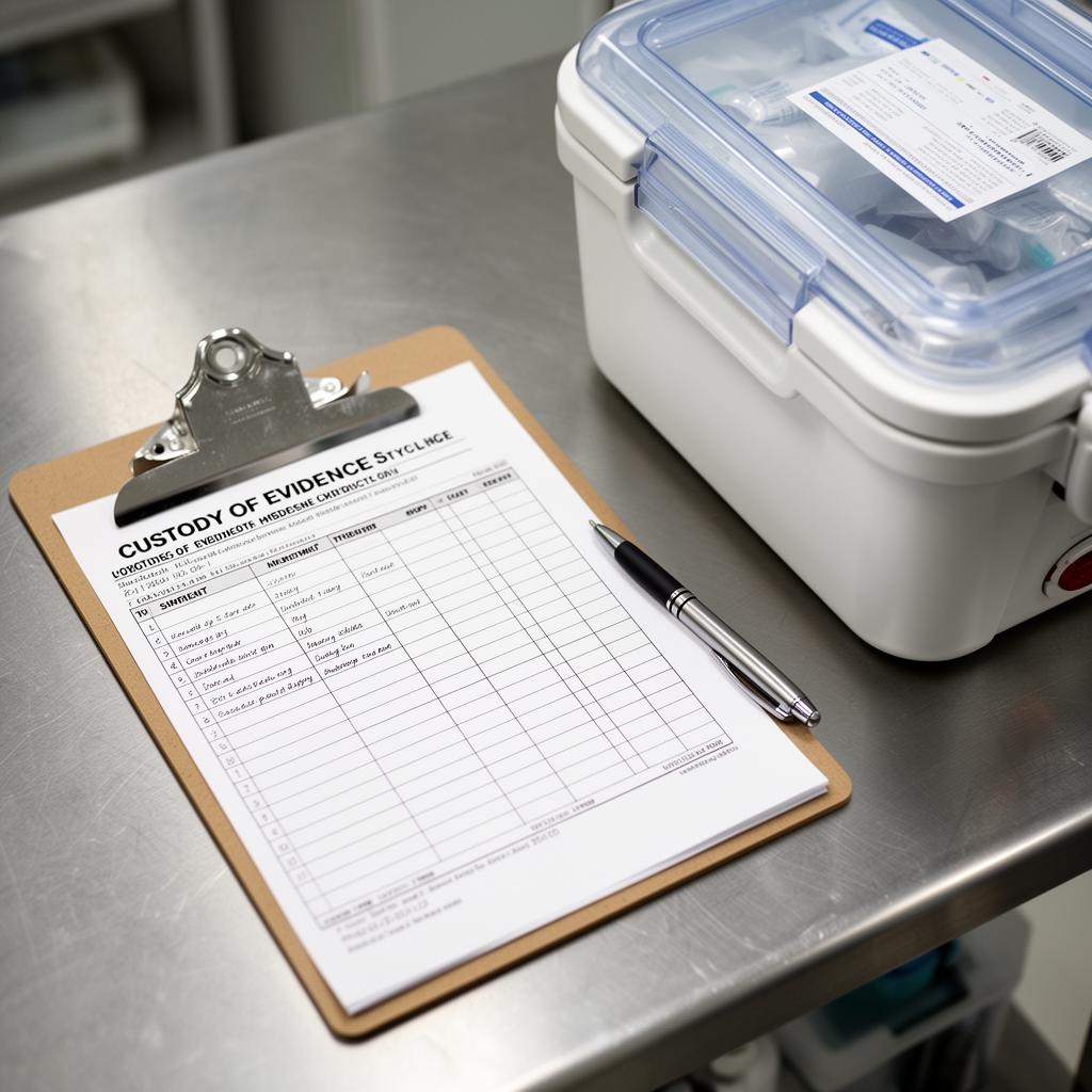 V.I.T.A.L. courier in navy polo protecting a medical specimen handoff with chain-of-custody documentation
