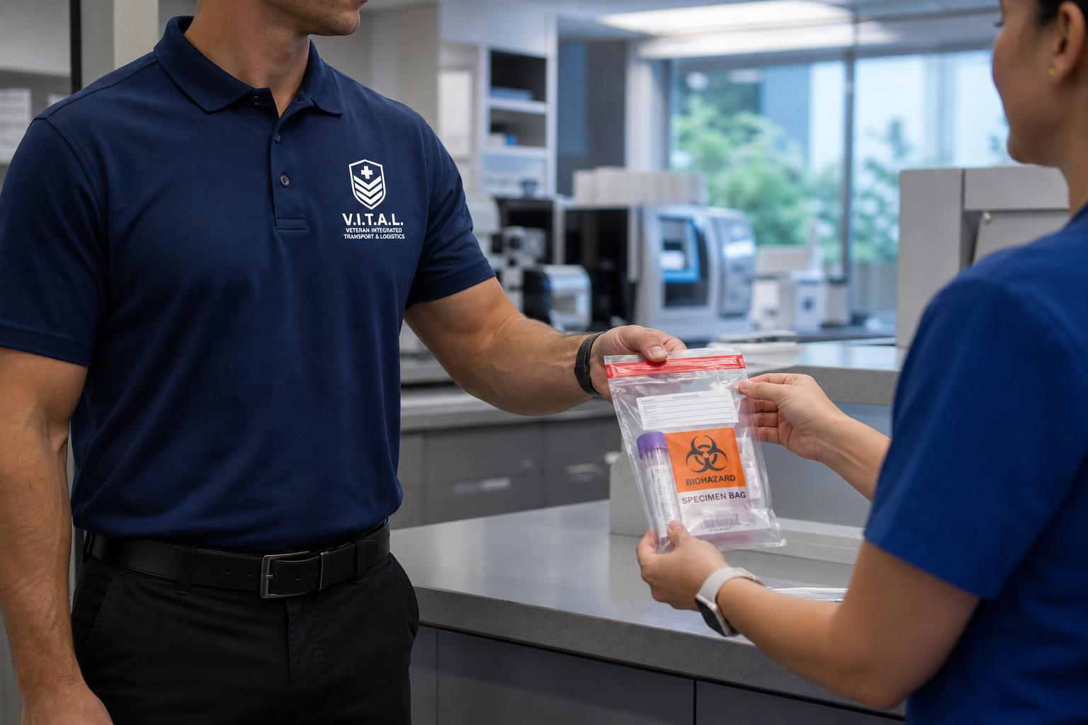 Courier handing a sealed tamper-evident specimen bag to a lab tech at intake