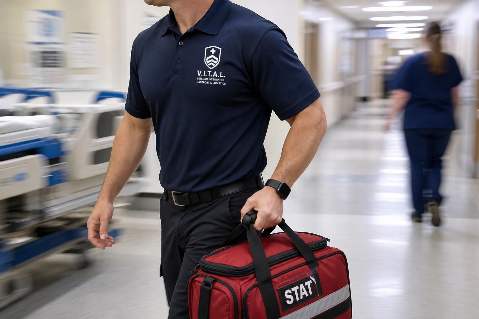 Medical courier moving briskly through a hospital corridor with a STAT bag