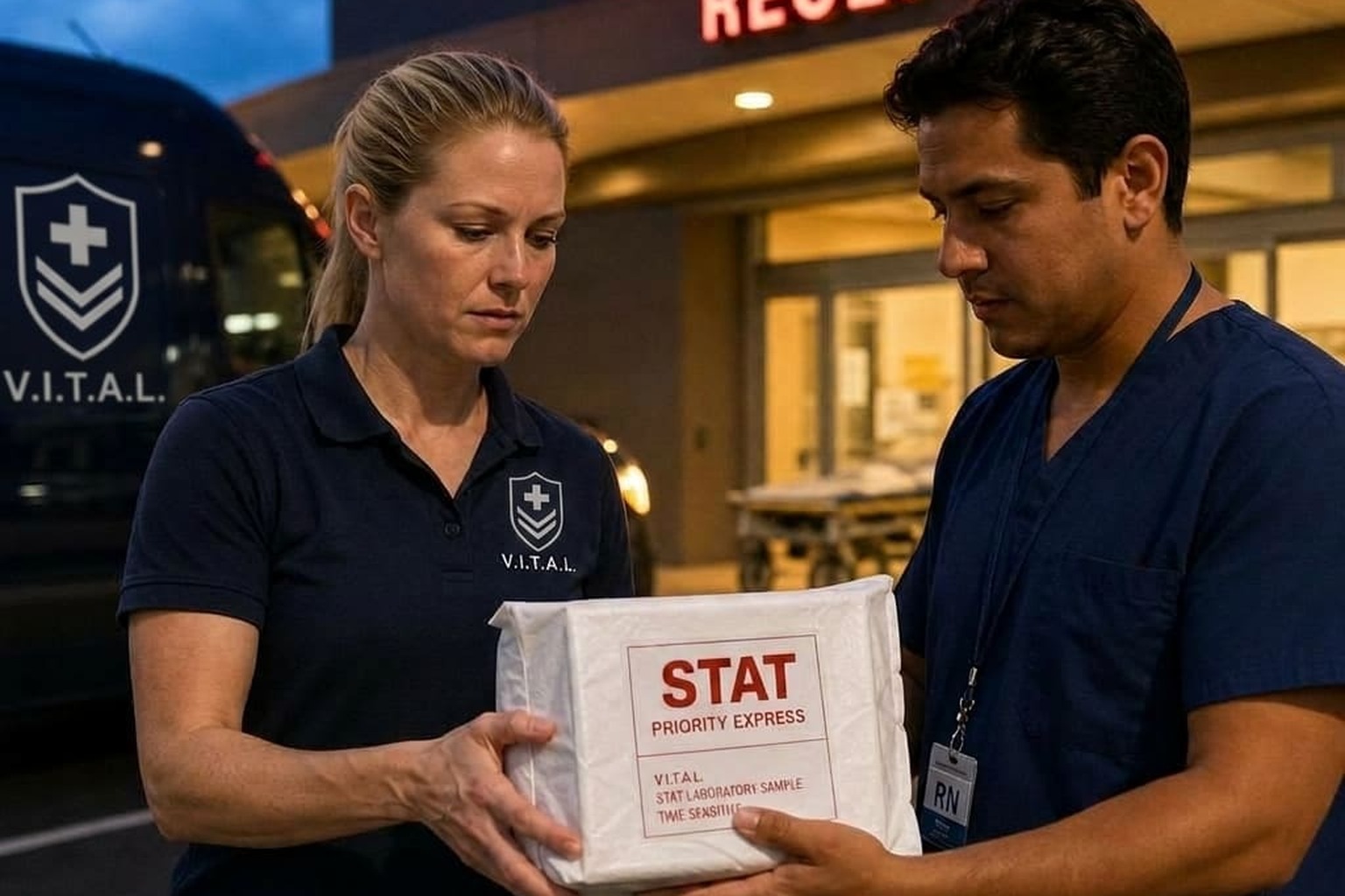 V.I.T.A.L. branded courier vehicle staged for urgent medical delivery coverage
