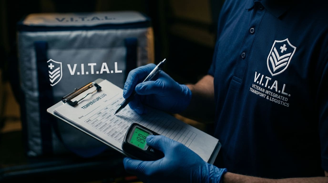 V.I.T.A.L. courier confirming a verified temperature-aware handoff at a healthcare receiving area