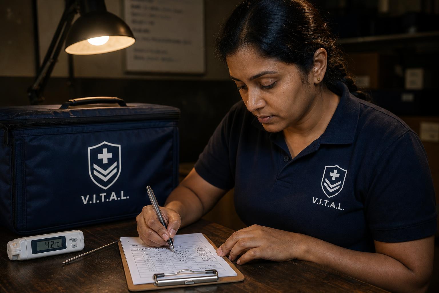 V.I.T.A.L. courier in navy polo confirming temperature-aware medical transport documentation