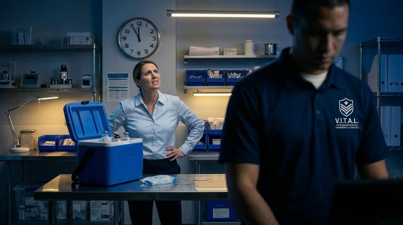 V.I.T.A.L. courier in navy polo loading an insulated temperature-controlled medical tote