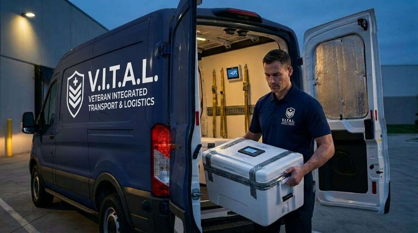 V.I.T.A.L. branded van with gold logo decal loading temperature-aware medical cargo
